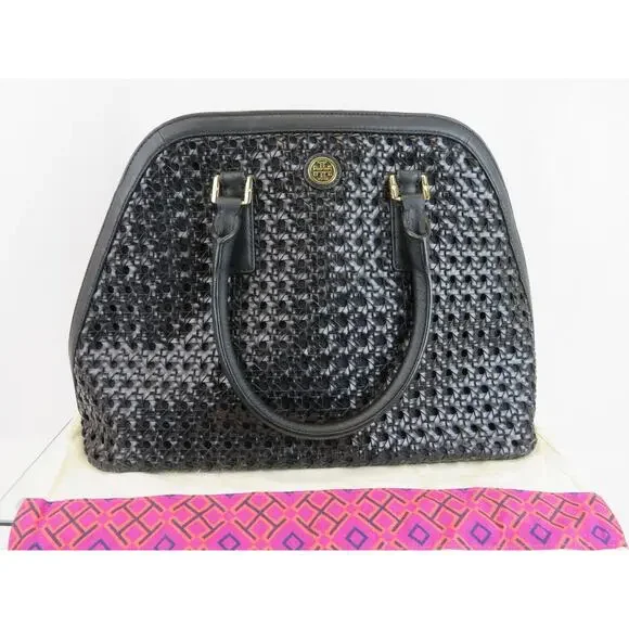 $525 TORY BURCH ROBINSON BLACK BASKET WOVEN LEATHER LOGO SATCHEL TOTE HANDBAG